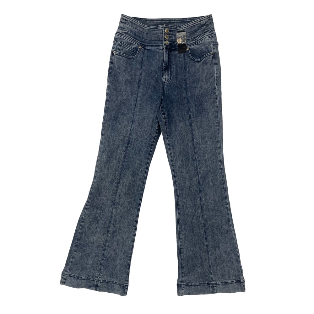 Bebe High Waist Wide Leg Jeans Acid Wash Blue Triple Button Flare Size 32 NEW